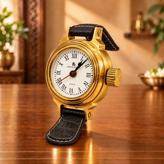 Vintage Gold Wristwatch Table Clock with Black Leather - Look Strap