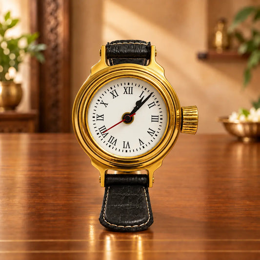 Vintage Gold Wristwatch Table Clock with Black Leather - Look Strap