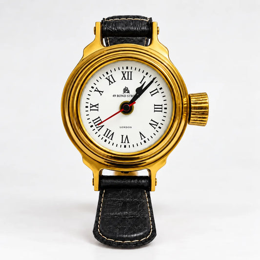 Vintage Gold Wristwatch Table Clock with Black Leather - Look Strap