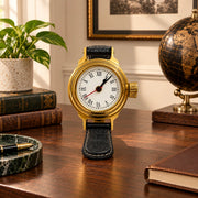 Vintage Gold Wristwatch Table Clock with Black Leather - Look Strap